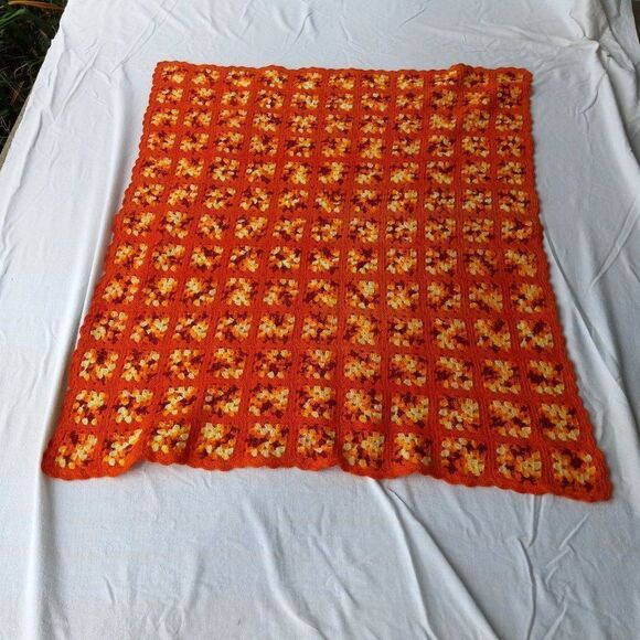 Vintage Orange & Yellow Granny Squares Crochet Blanket